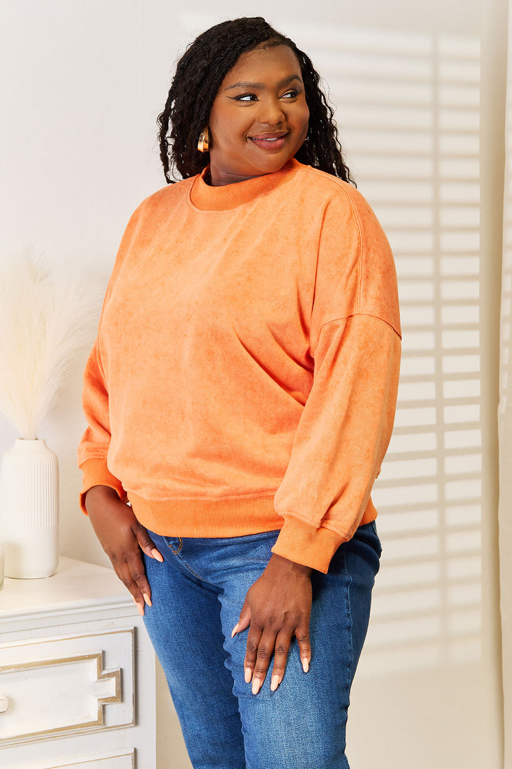 Basic Bae Round Neck Dropped Shoulder Sweatshirt in Caramel