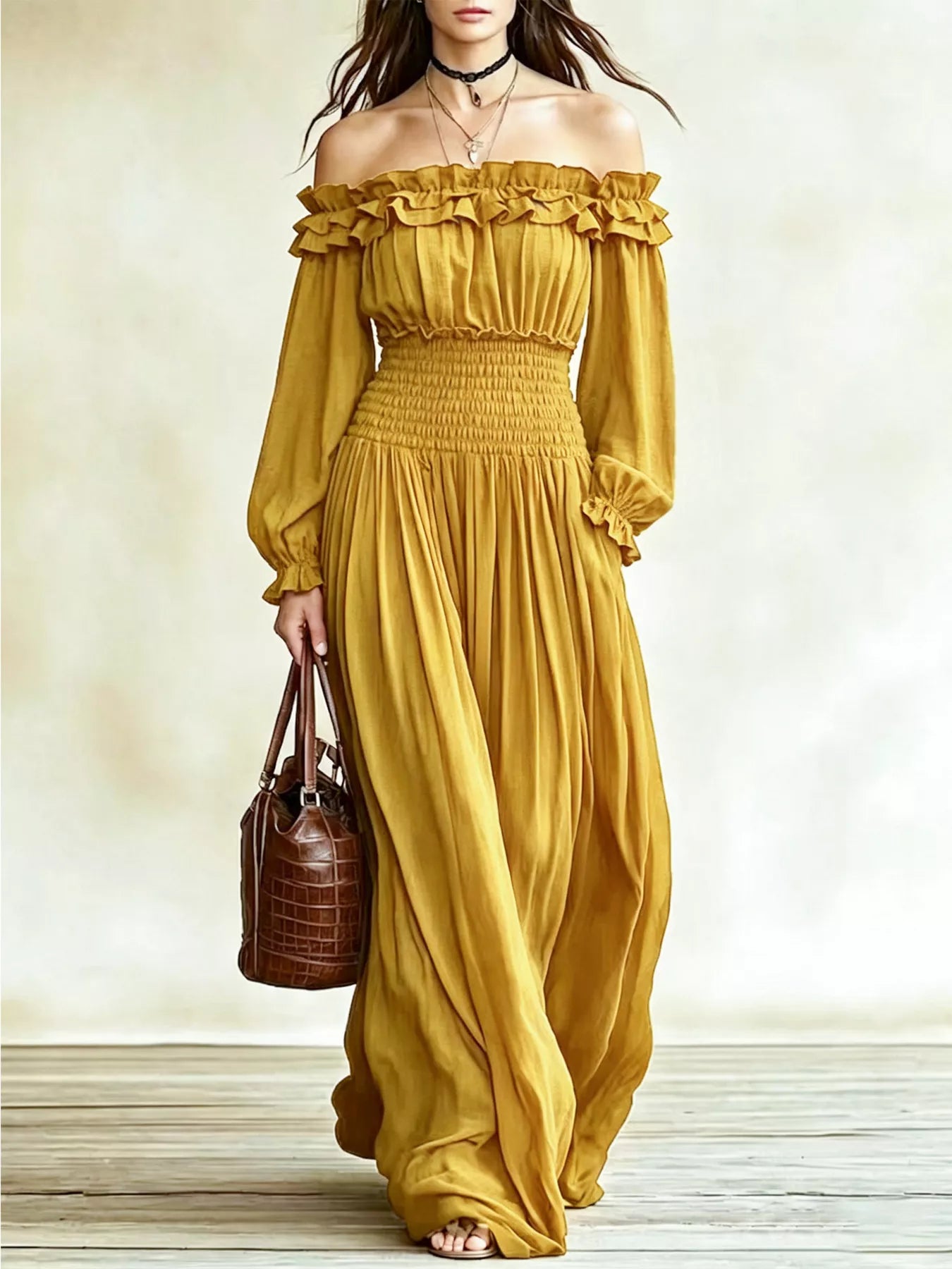 Off-Shoulder Smocked-Waist Maxi Dress