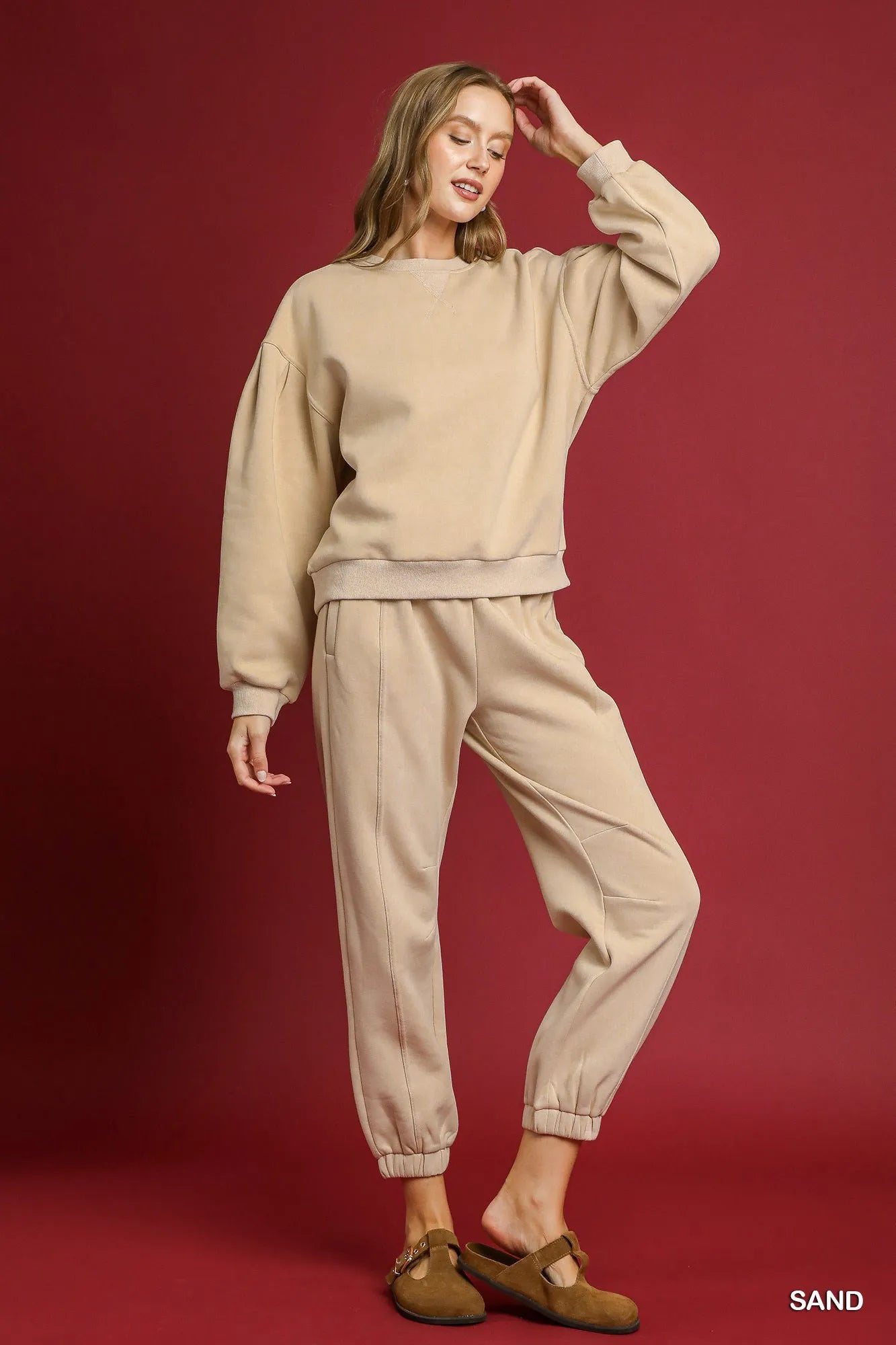 Umgee Fleece Jogger Pants in Sand