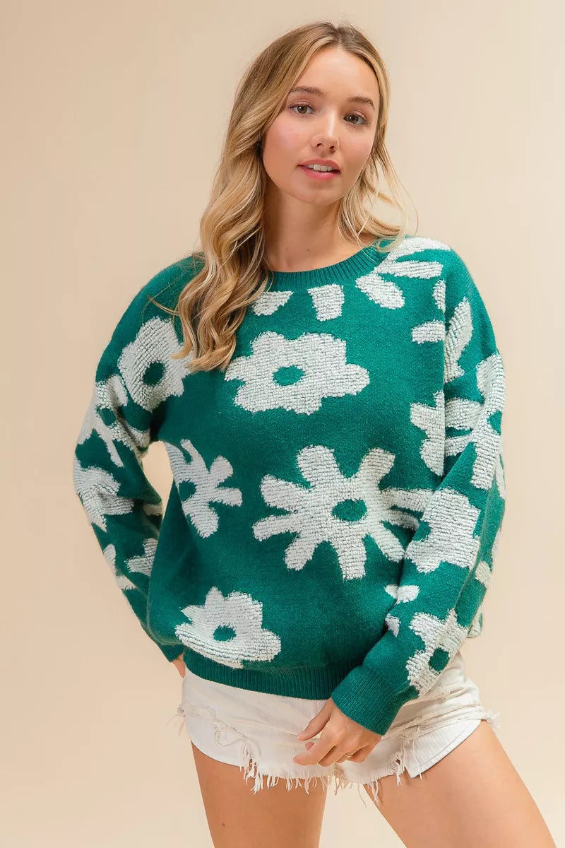 Flower Pattern Long Sleeve Sweater Top in Hunter by BiBi