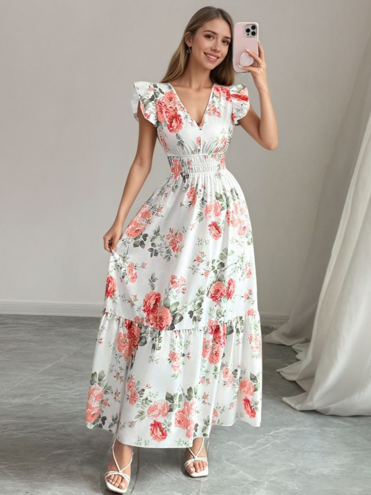 Ruffle Sleeve Tiered Maxi Dress in Floral