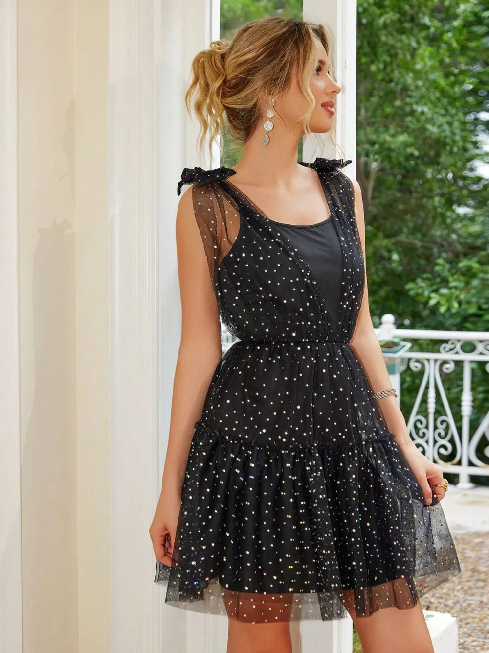 Tied Scoop Neck Mini Cami Dress in Black by Jubilair