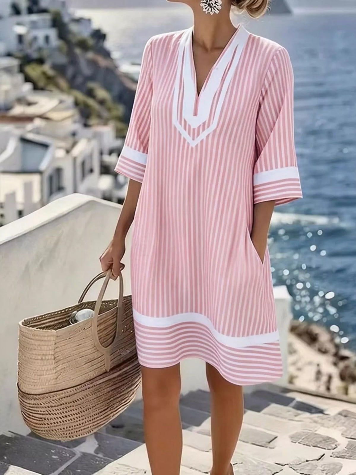 Striped V-Neck Pocketed Casual Dress