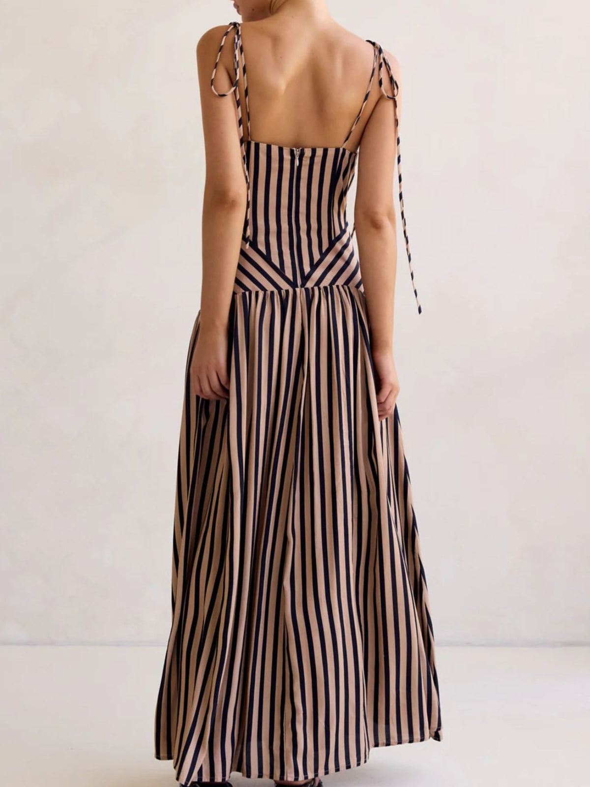Striped V-Neck Tie-Shoulder Maxi Dress in Brown