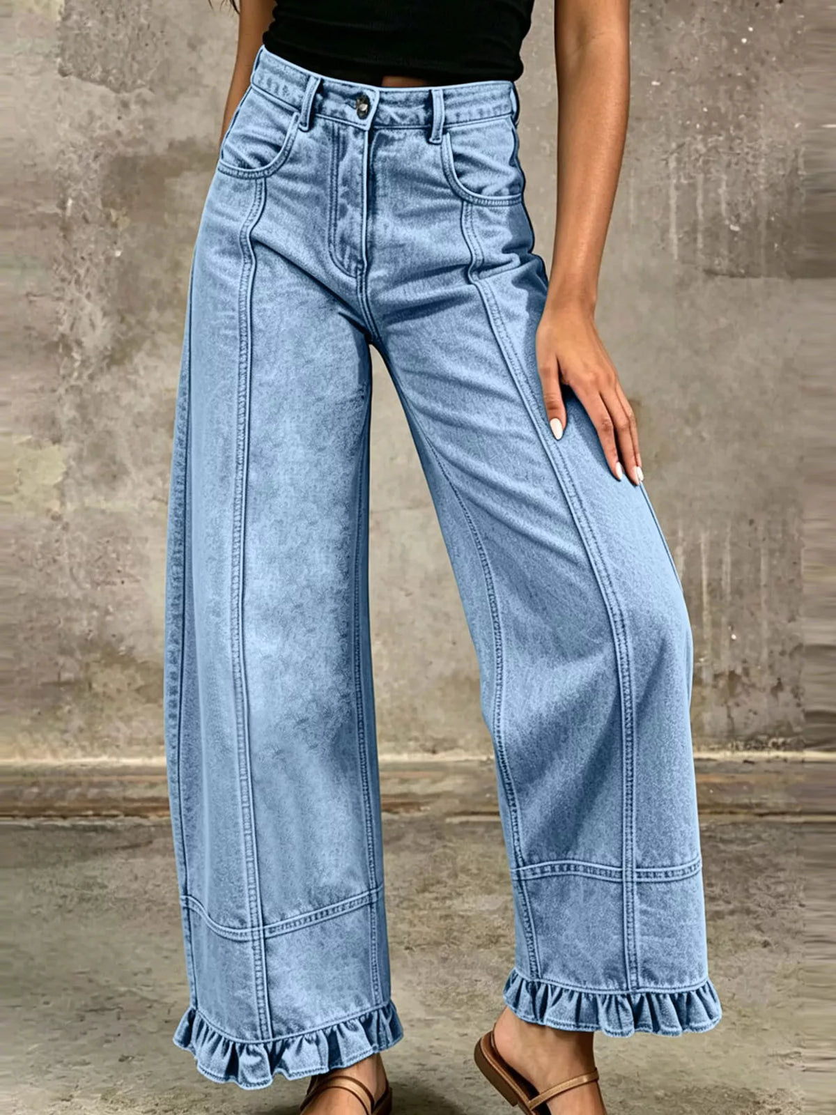 High-Waisted Wide-Leg Ruffled Hem Jeans by Dreamy Drapes