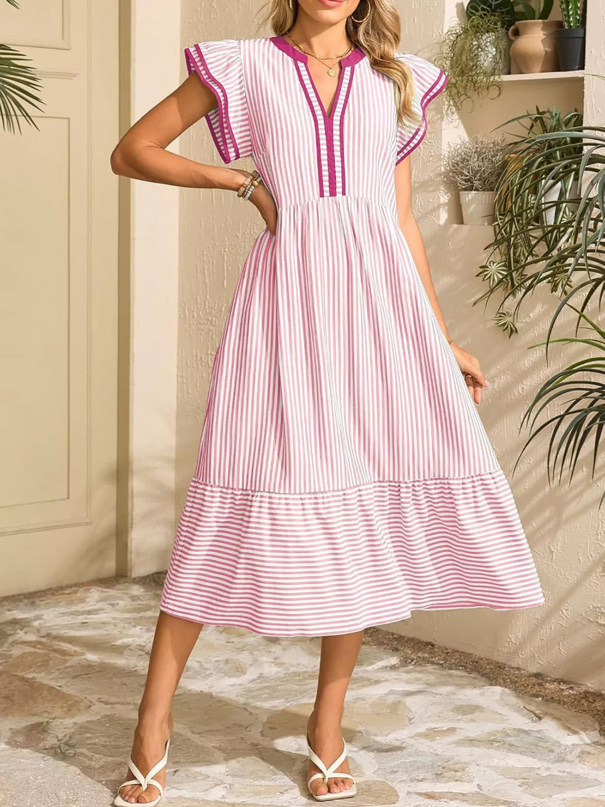 Striped Ruffle Sleeve Midi Dress with Pockets
