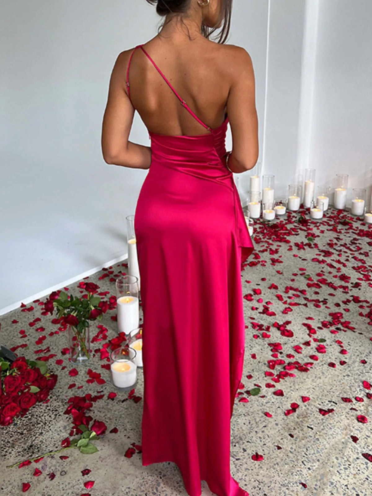 One-Shoulder Satin Dress with High Slit