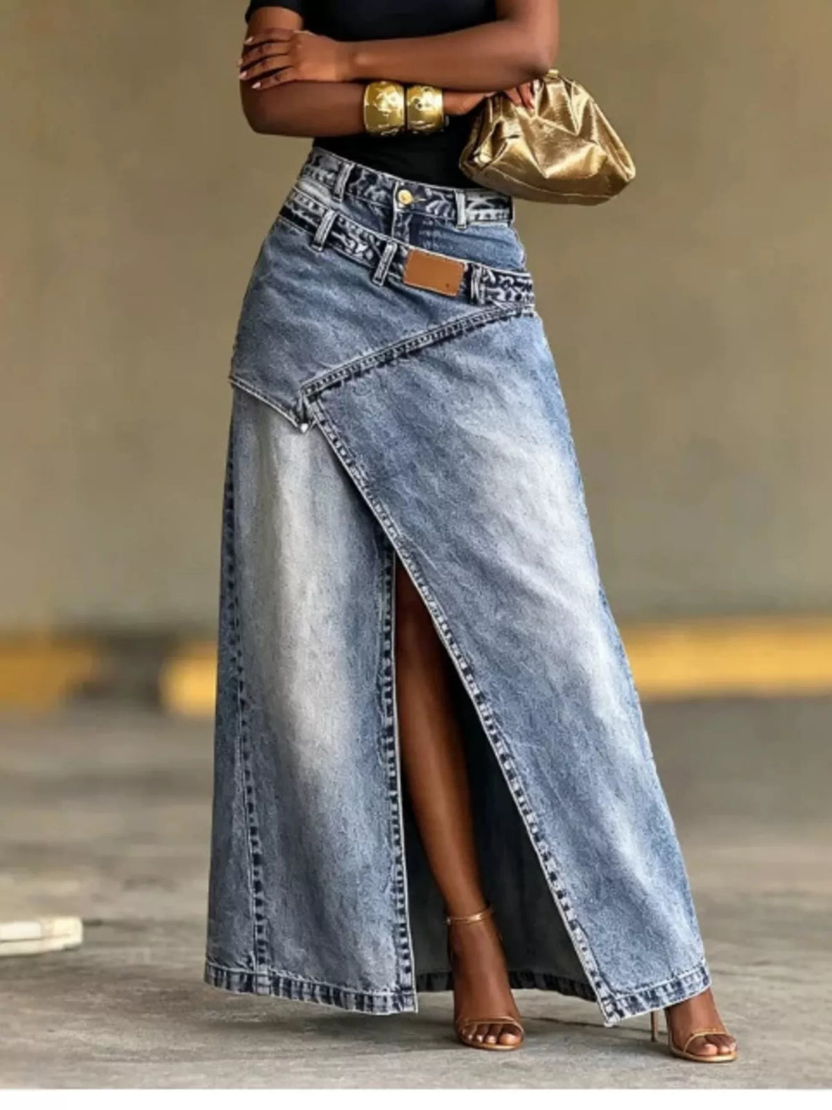 High-Waisted Asymmetric Slit Denim Maxi Skirt in Light Blue