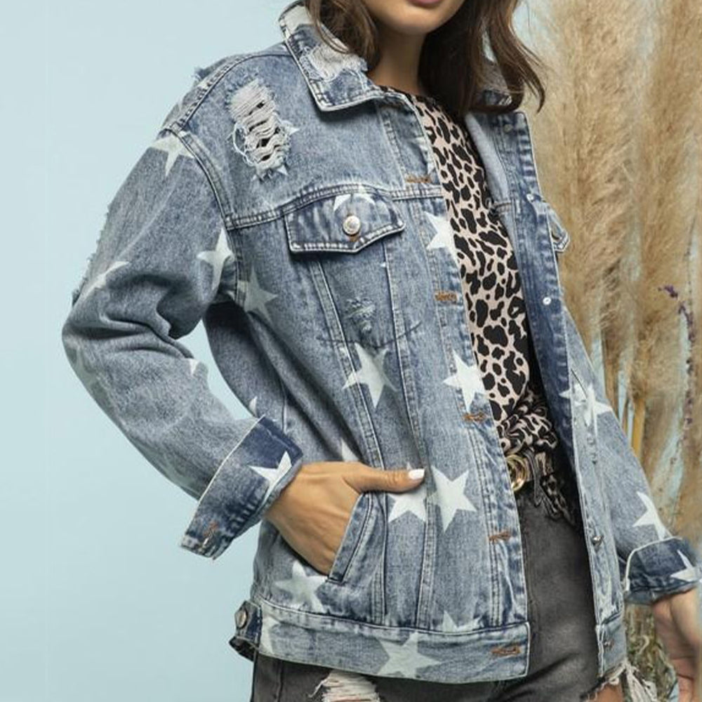 Star Distressed Denim Shacket in Light Wash