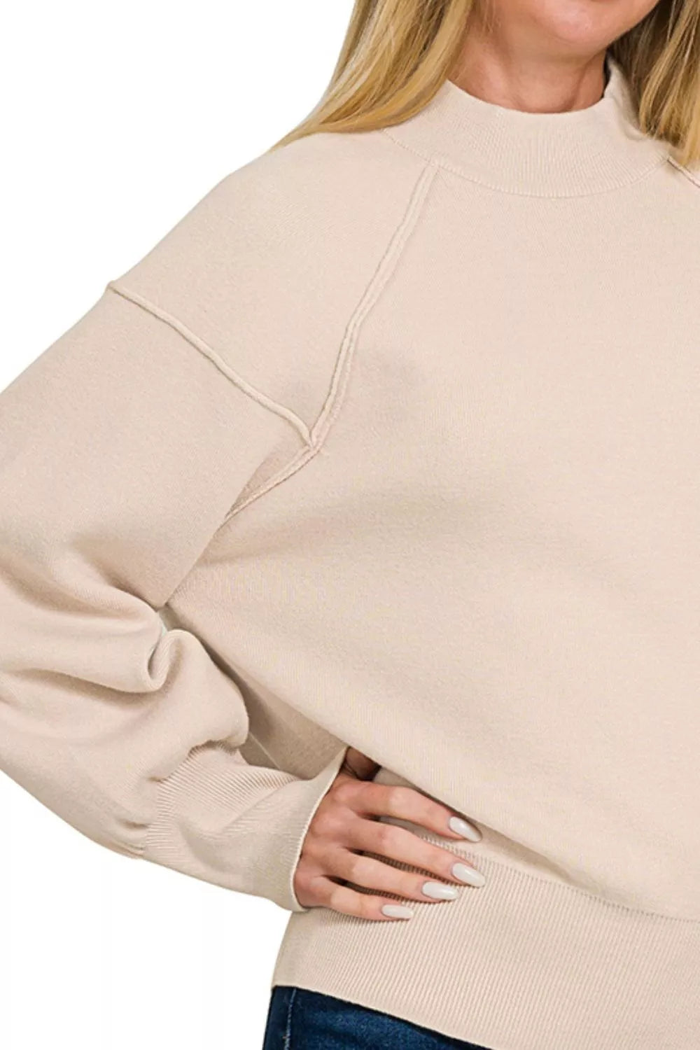 Zenana Mock Neck Exposed Seam Sweater in Sand Beige