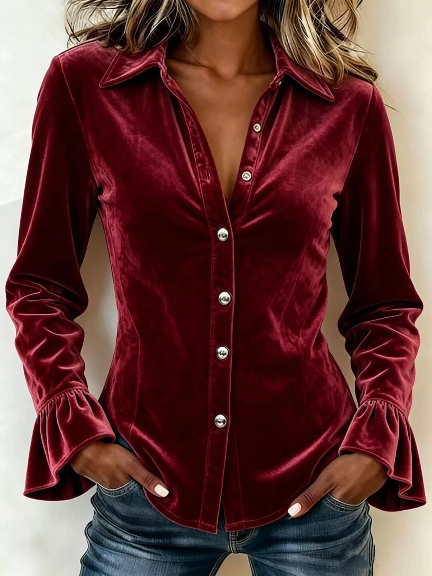 Button-Up Flounce Sleeve Shirt
