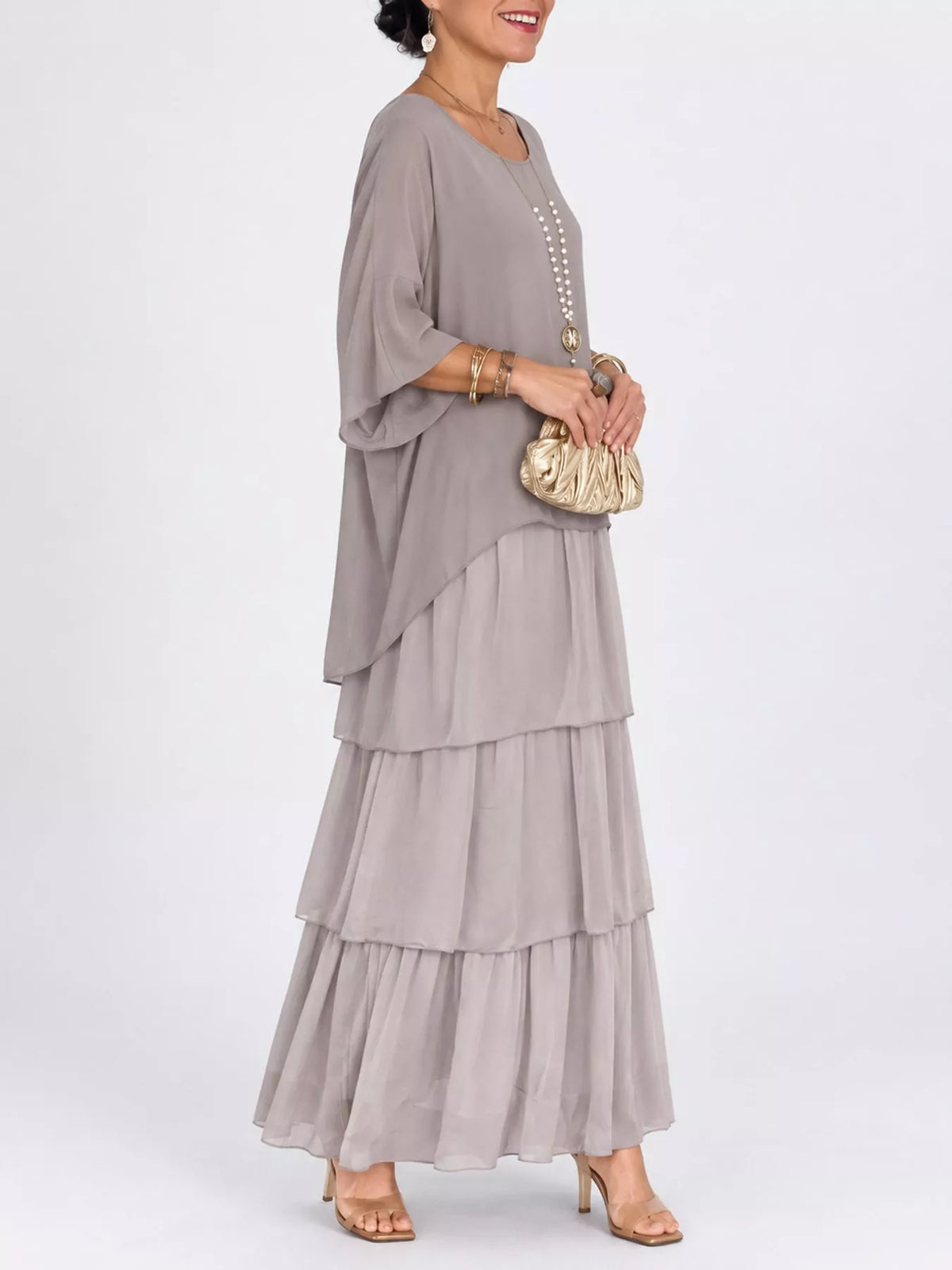 Layered Batwing-Sleeve Tiered Maxi Dress