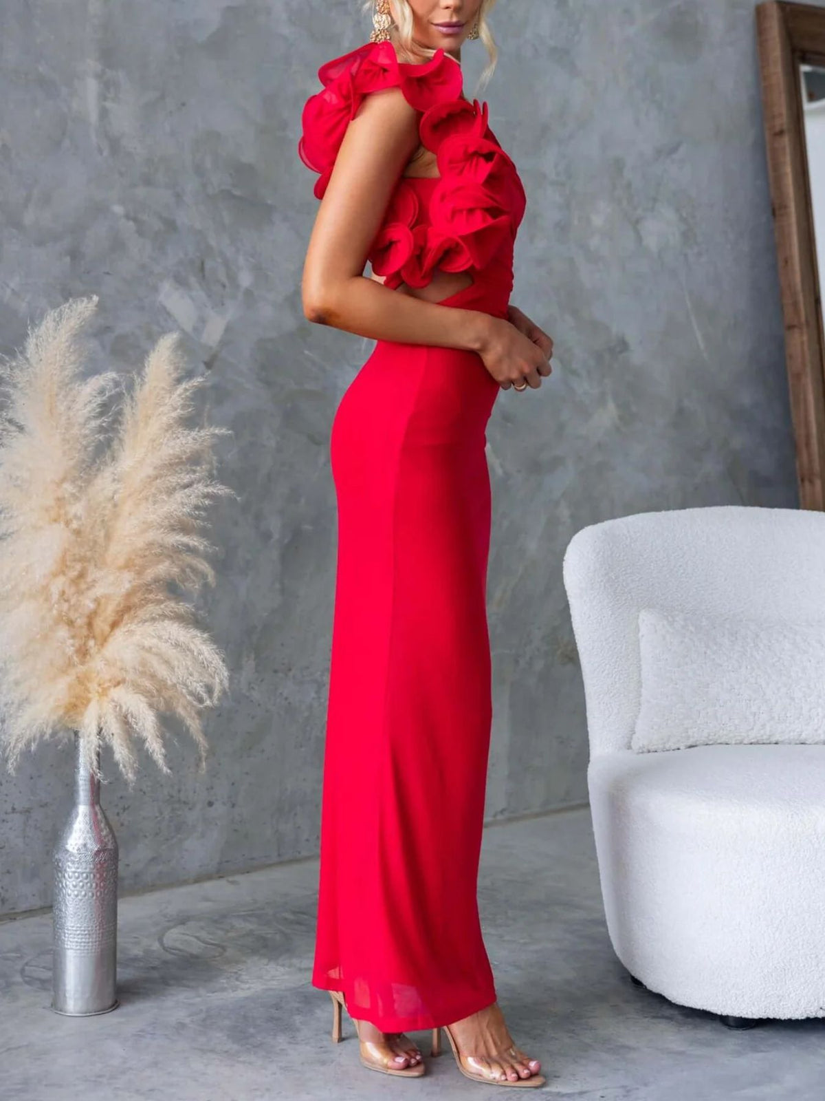 One-Shoulder Floral Trim Maxi Dress