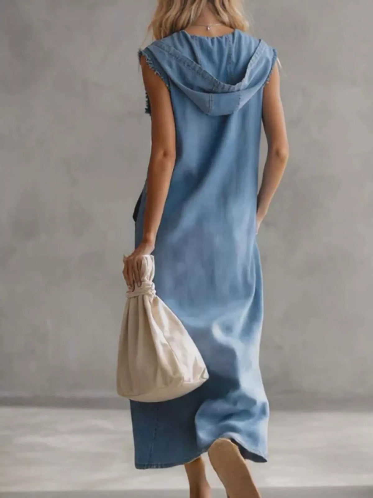 Hooded Denim Maxi Dress in Blue