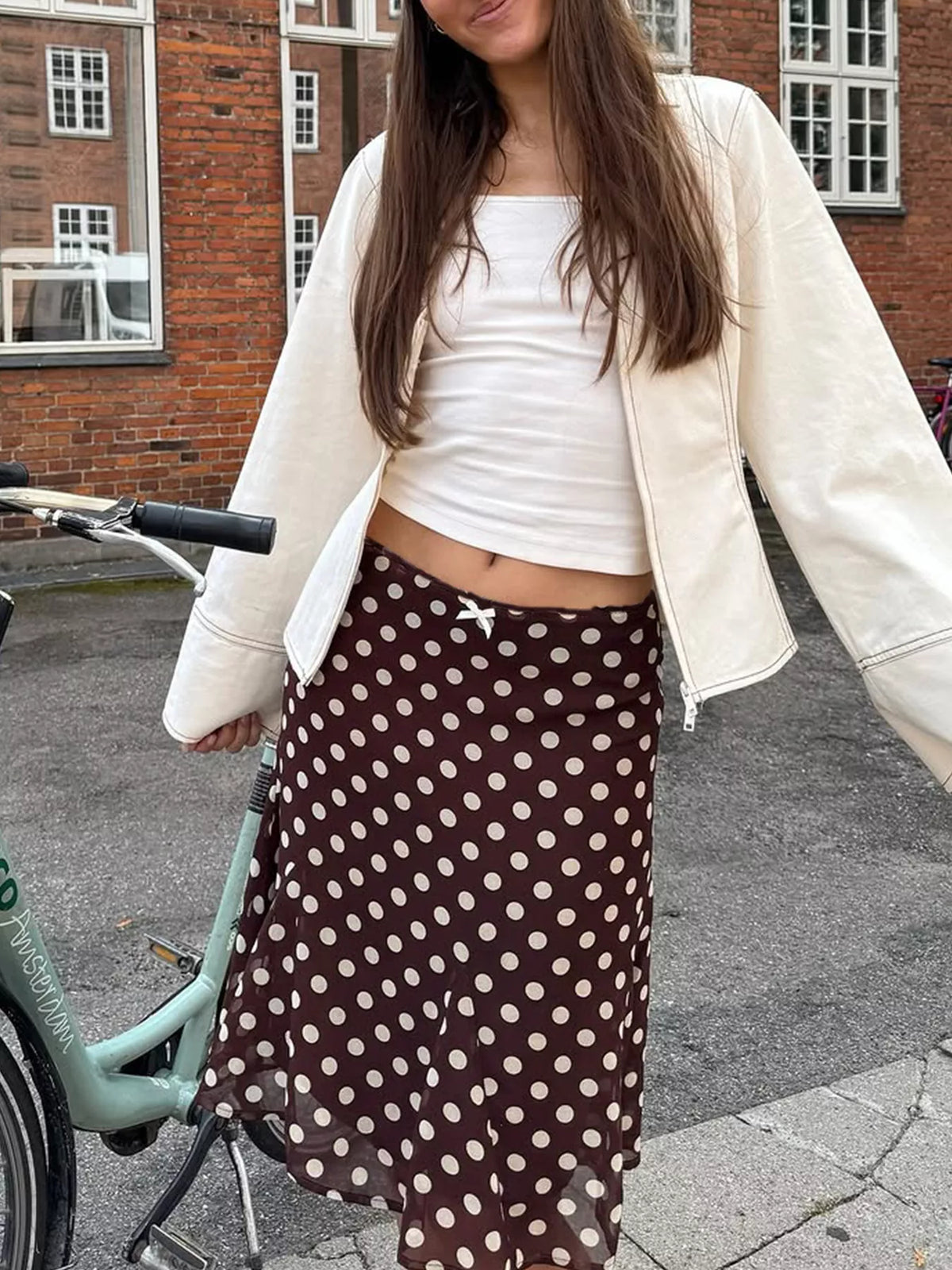 Polka Dot Bow Midi Skirt in Dark Brown