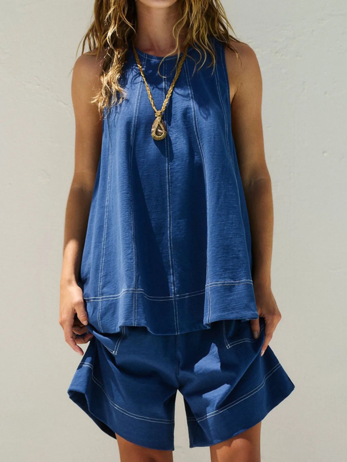 Contrast Stitch Denim Tank and Shorts Set