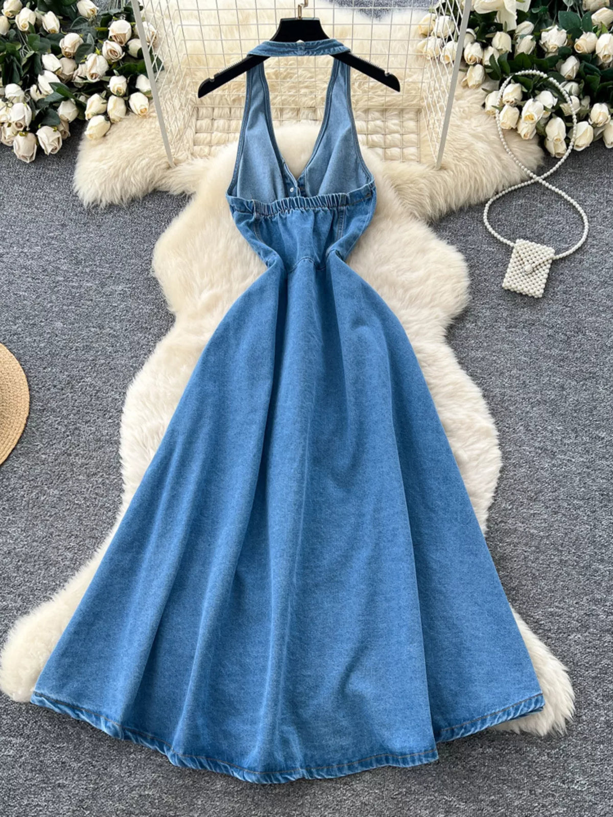 Halter Neck Button-Down Denim Dress in Blue