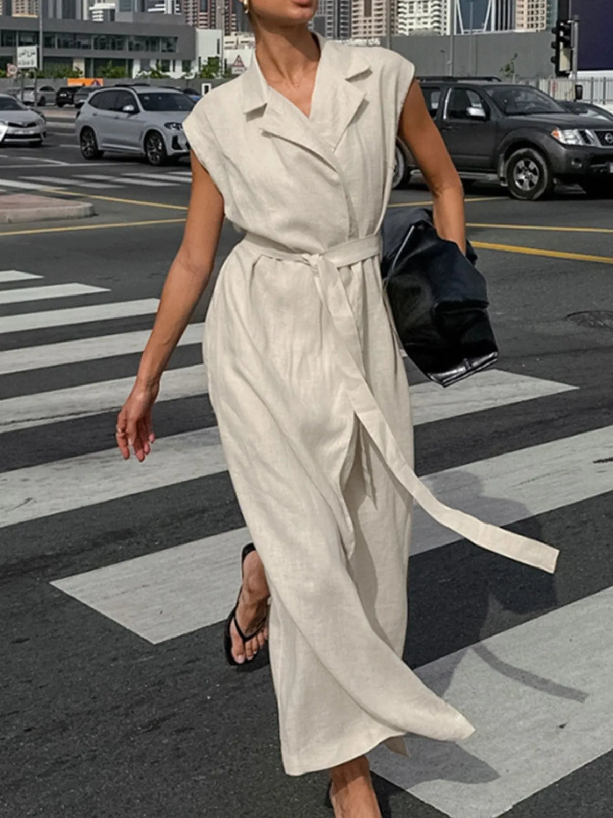 Tie Waist Cap Sleeve Maxi Dress in Khaki
