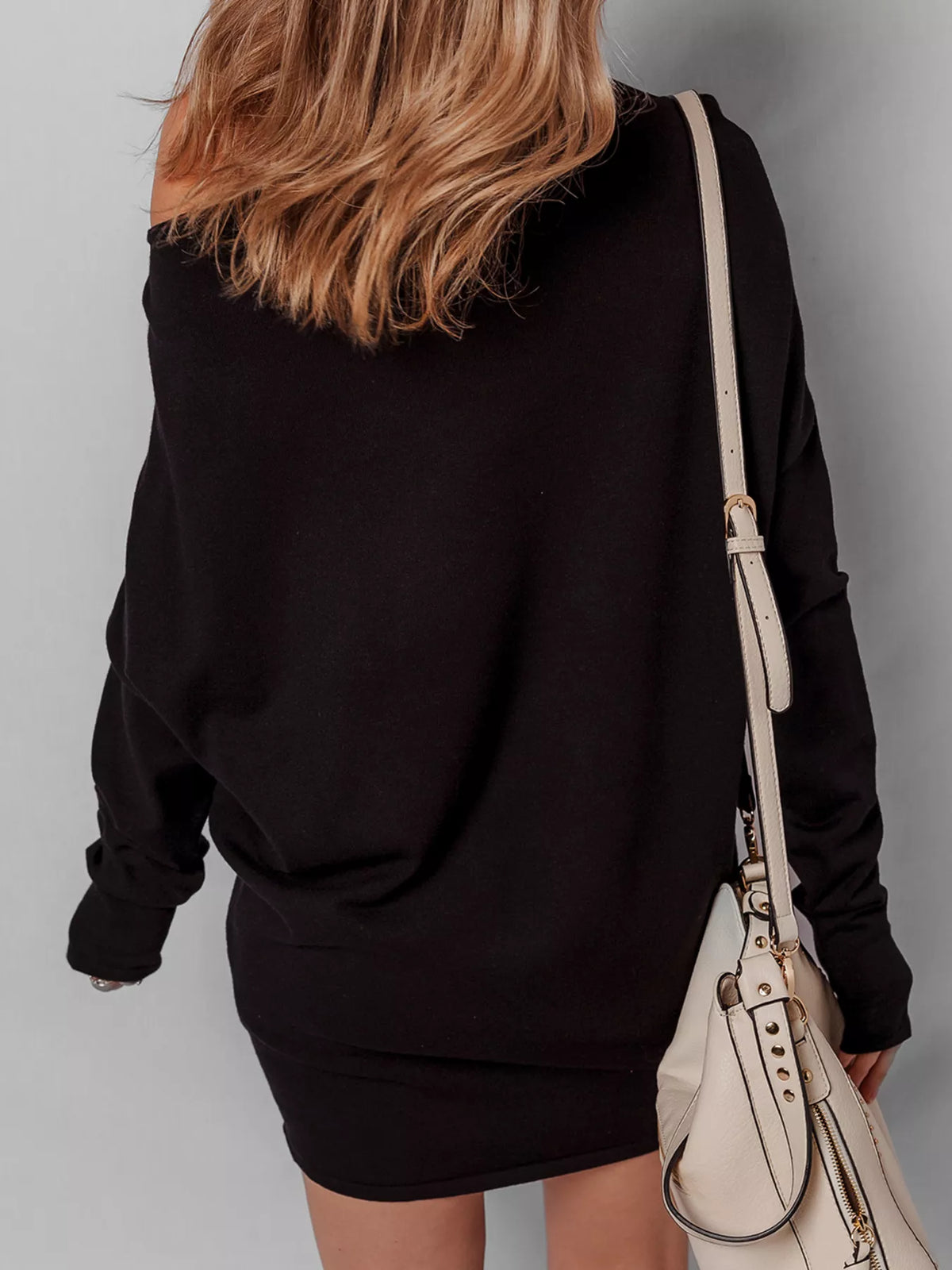 Asymmetric Neck Batwing Sleeve Mini Dress in Black