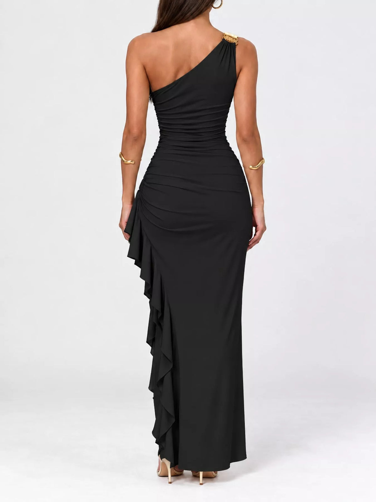 One-Shoulder Ruched Ruffle Hem Maxi Dress
