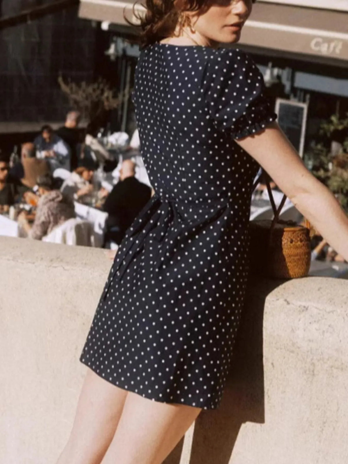 Polka Dot Puff Sleeve Mini Dress in Black