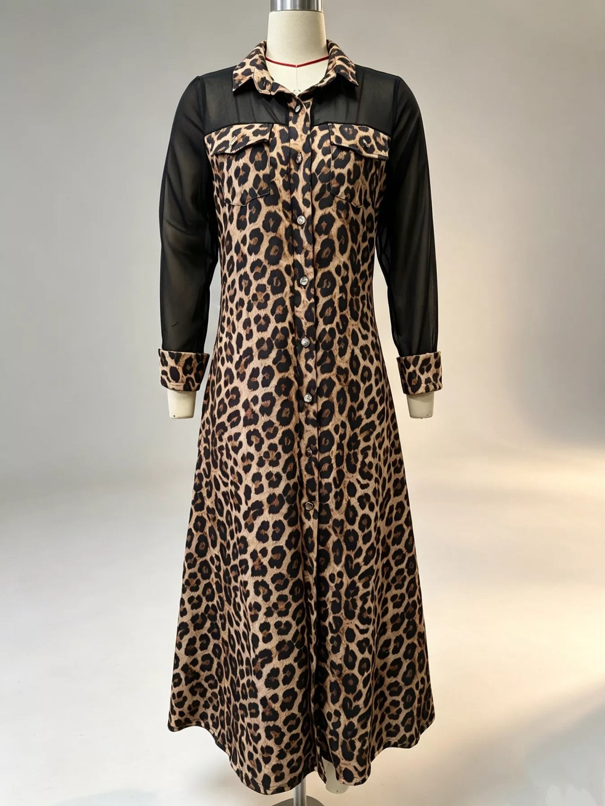 Leopard Print Button-Down Mesh Panel Maxi Dress by Kaelinne