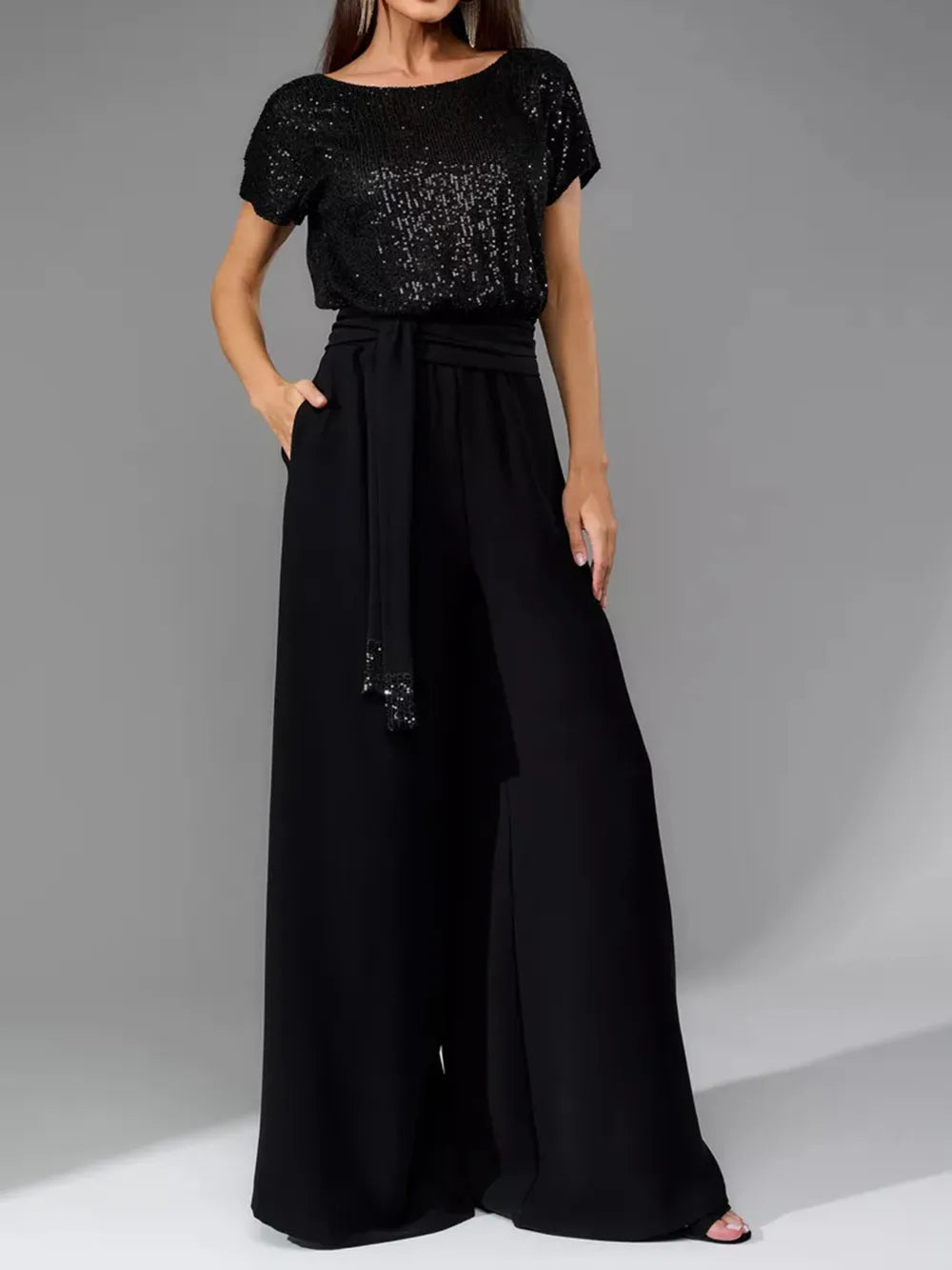 Sequin Round Neck Short Sleeve Jumpsuit, Plus Size