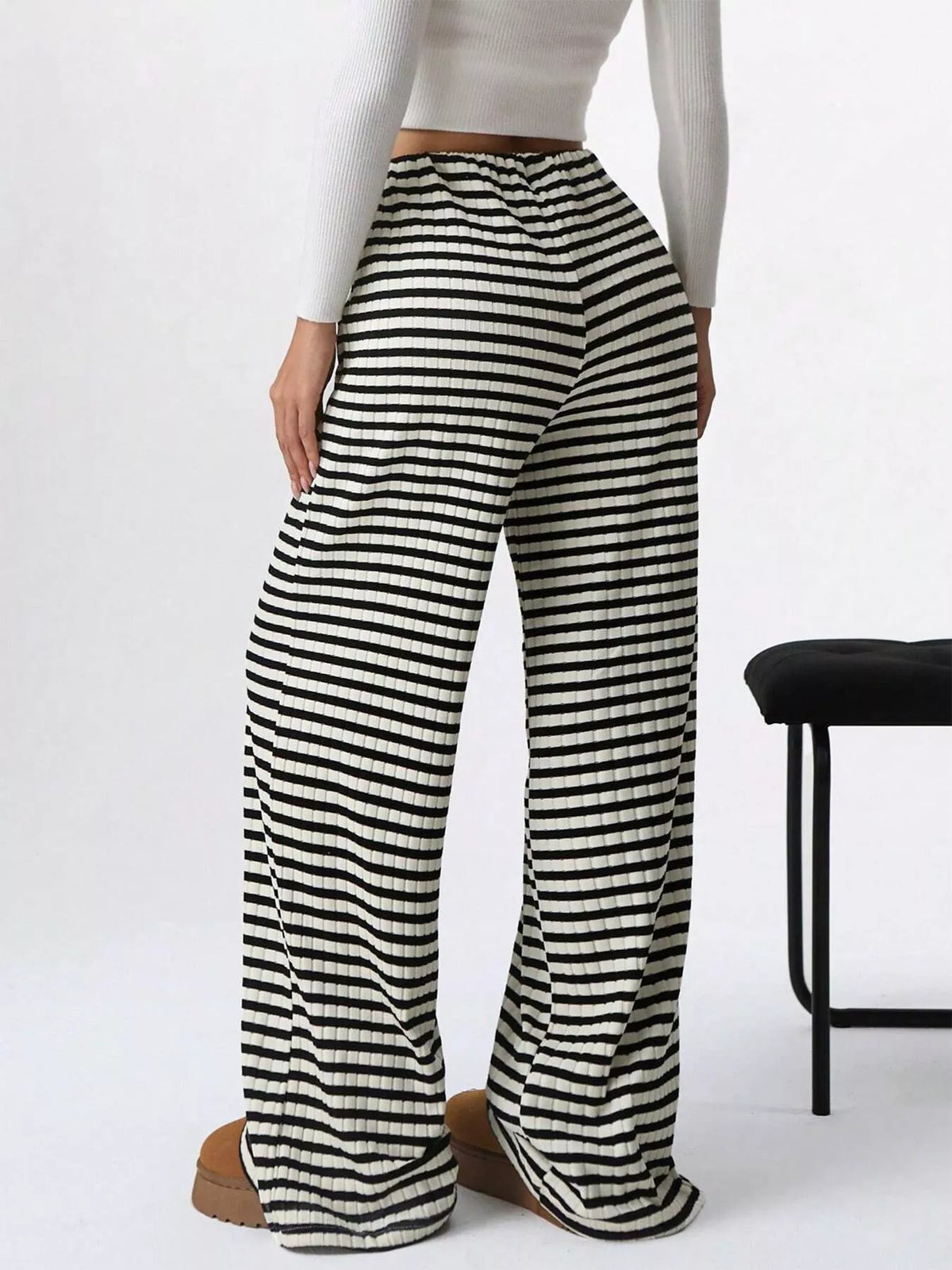 Ribbed Knit Drawstring Wide-Leg Pants
