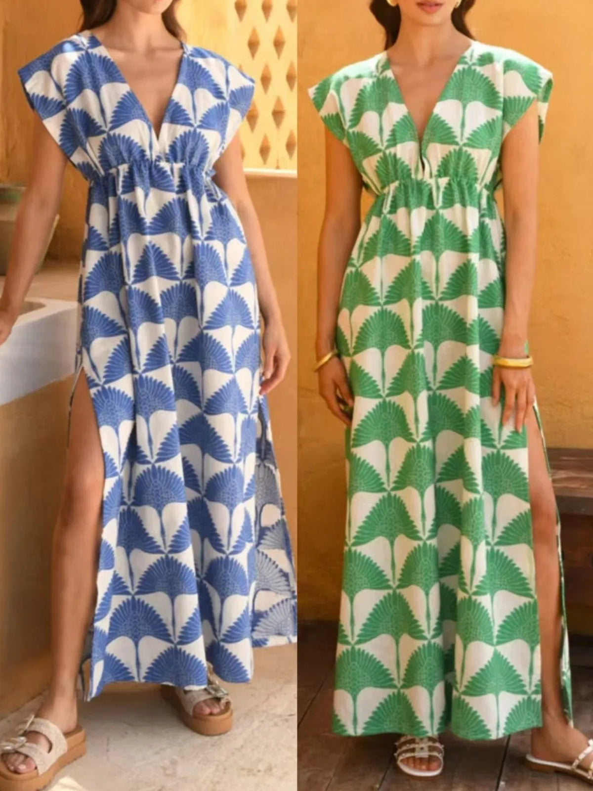 Slit V-Neck Cap Sleeve Maxi Dress by Rosaline