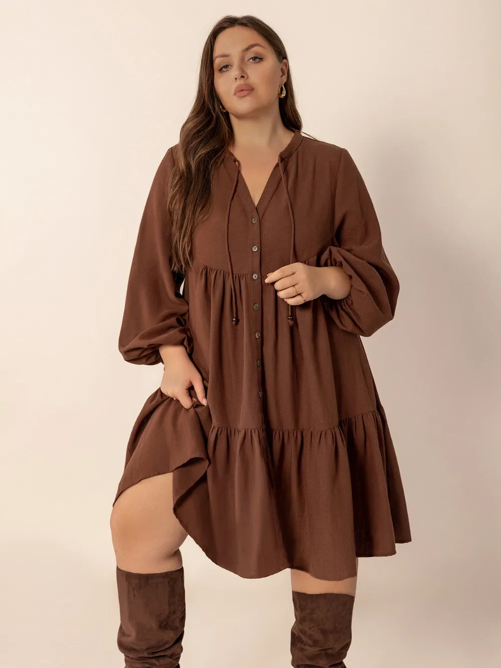 Plus Size Tie-Neck Tiered Dress in Brown