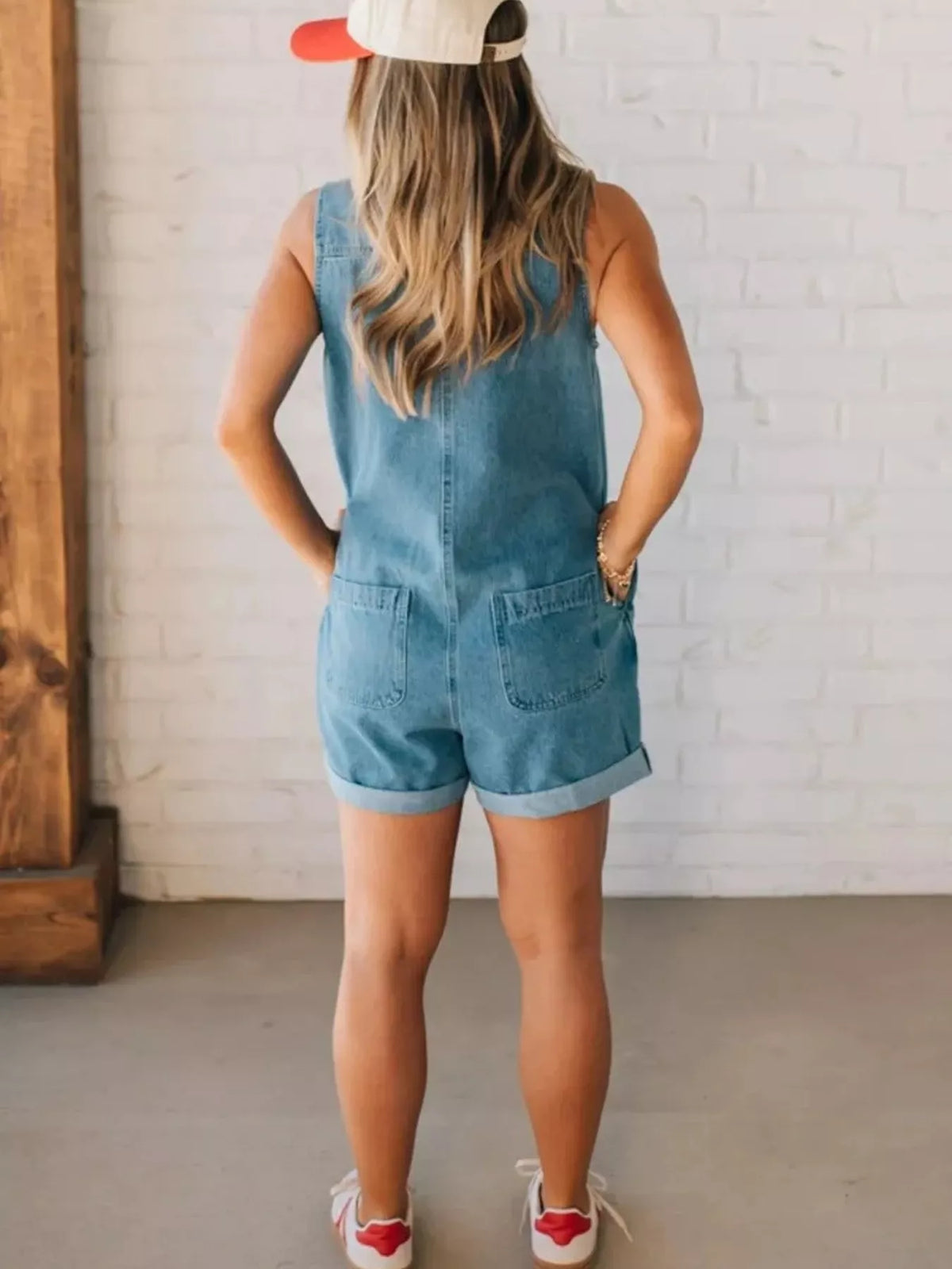 Sleeveless Zip-Up Denim Romper in Blue