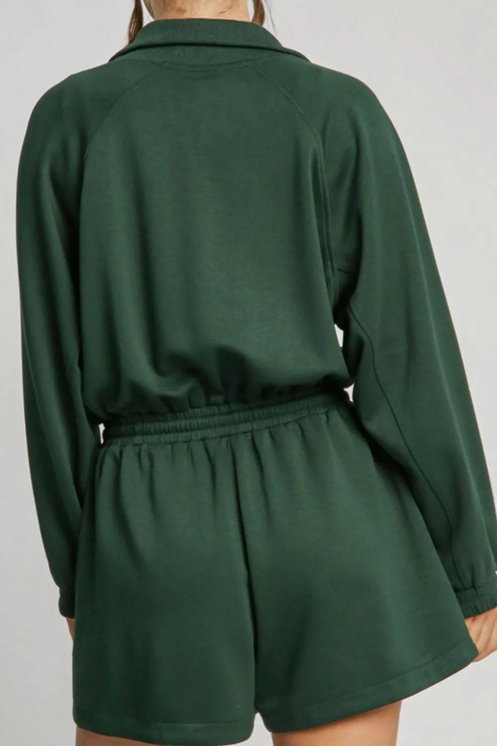 Drawstring Half-Zip Long Sleeve Romper in Dark Green
