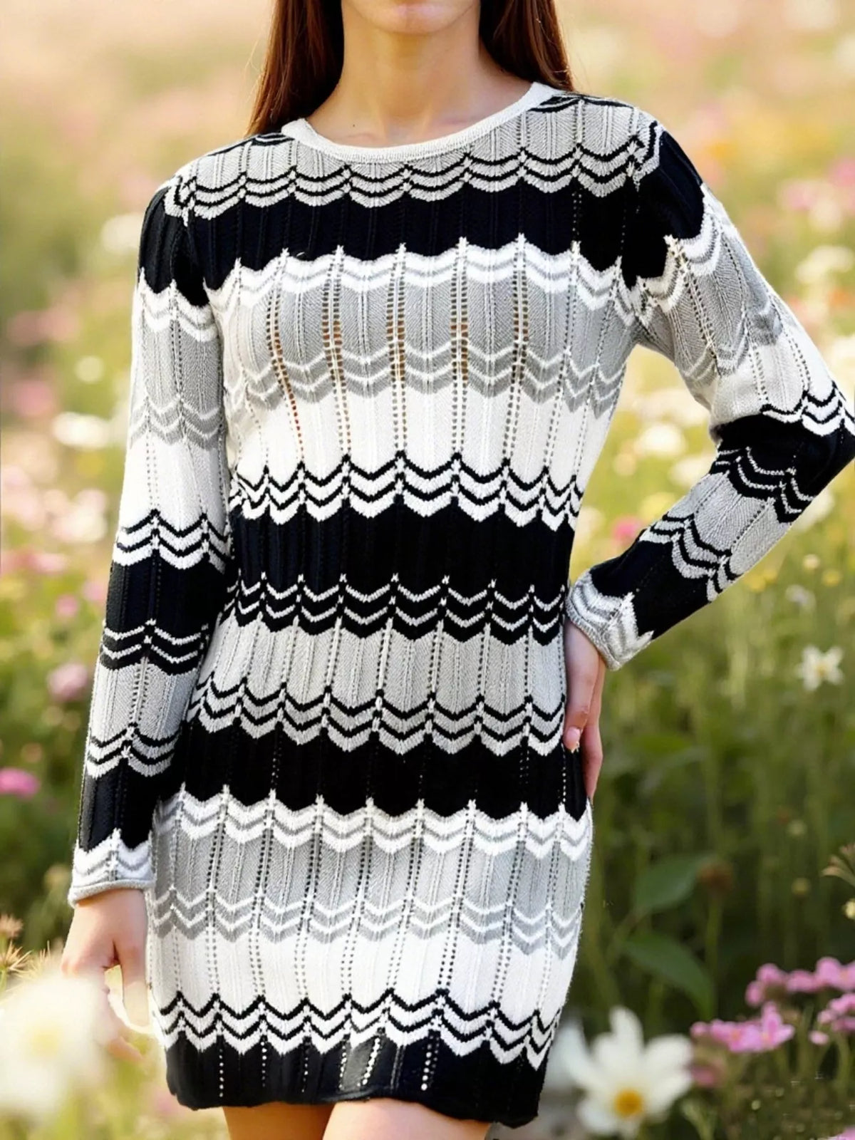 Openwork Wave Pattern Long Sleeve Sweater Dress