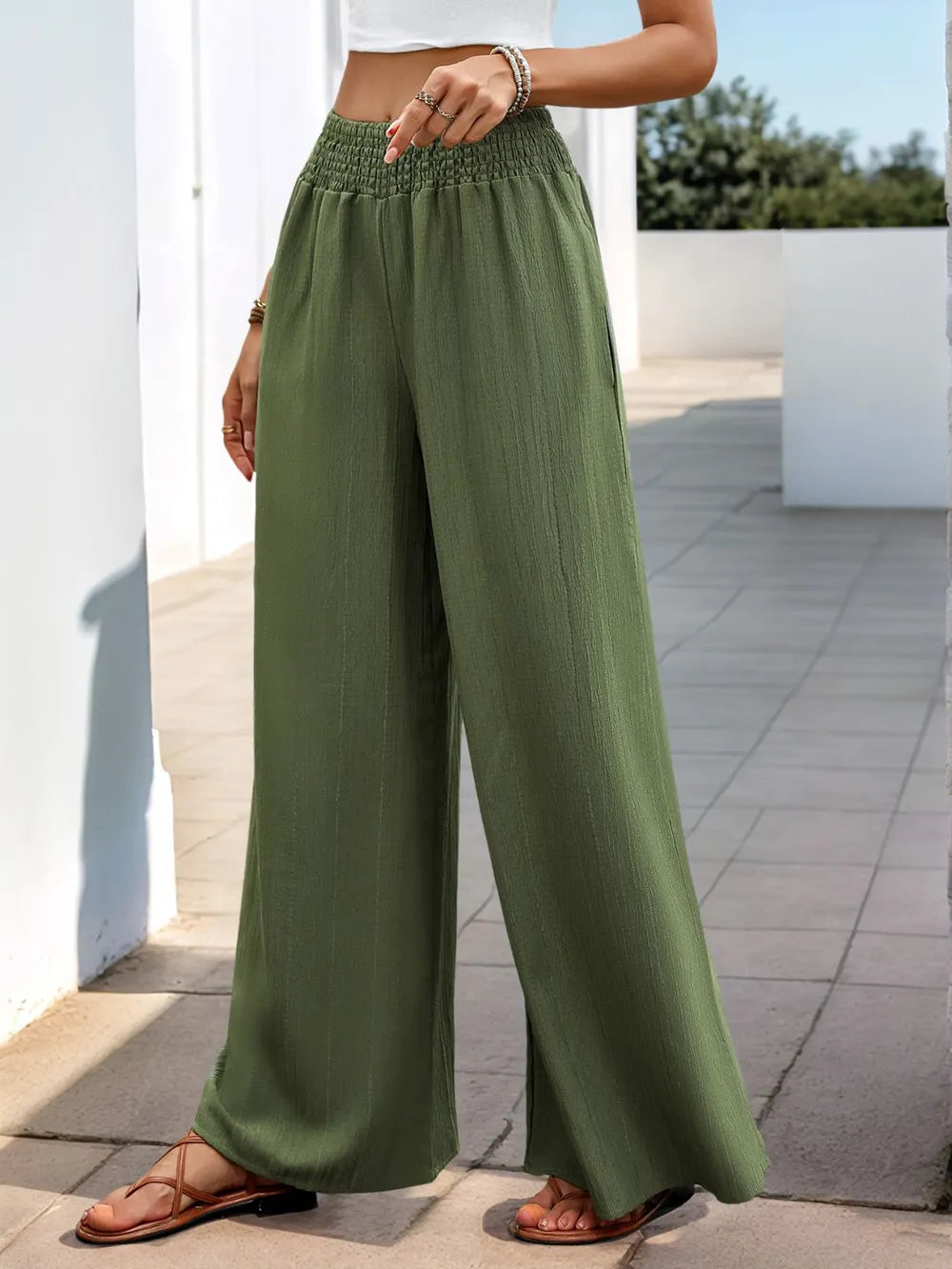 Smocked Wide Leg Pants in Moss