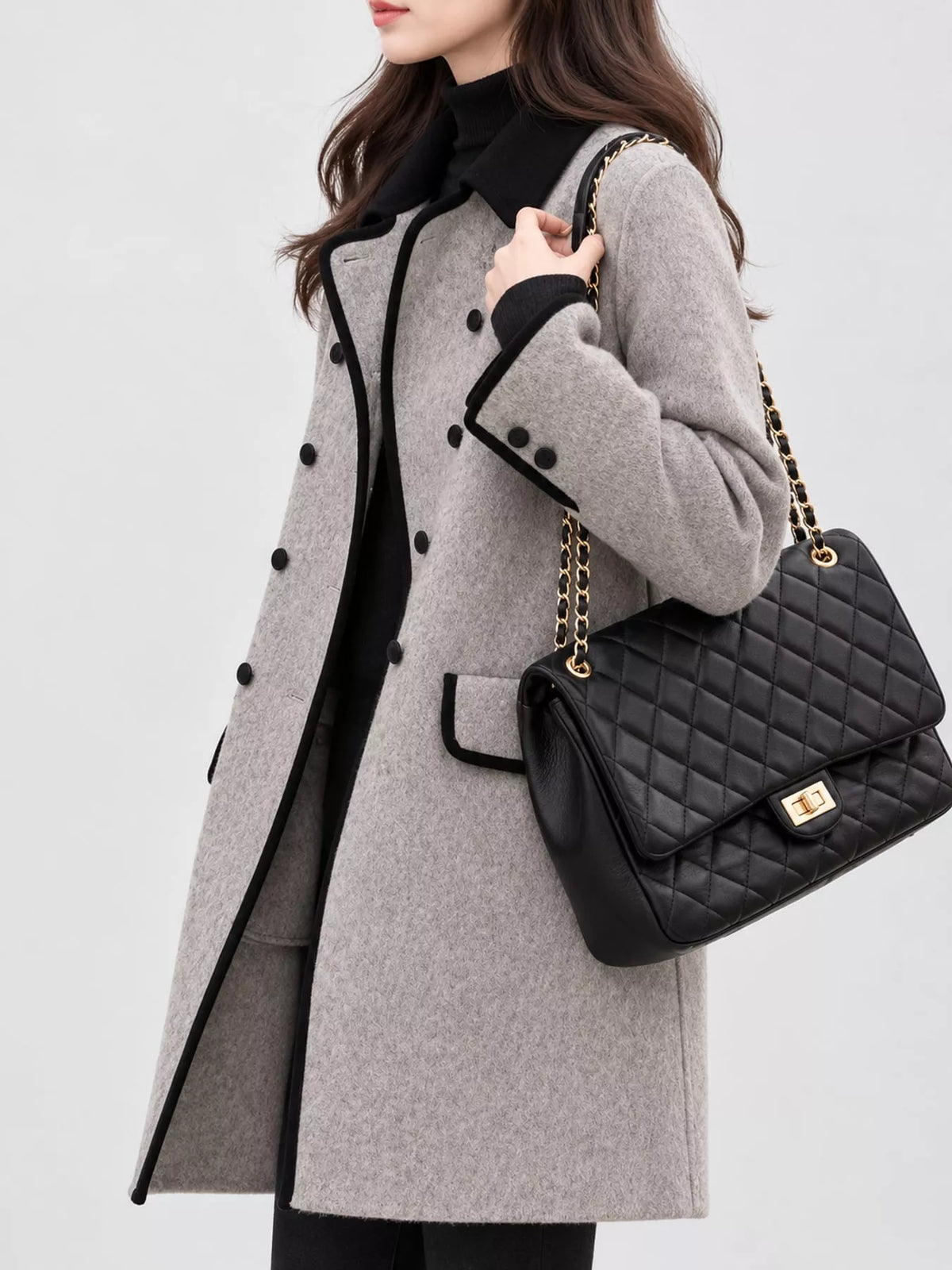 Double-Breasted Coat with Contrast Trim in Gray
