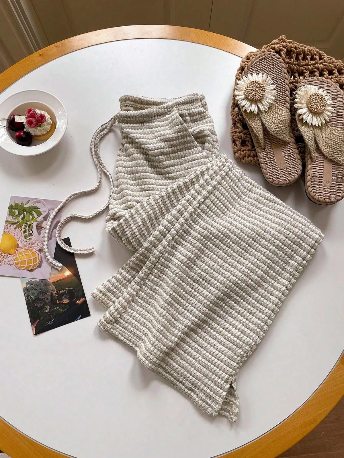 Wide Leg Drawstring Pants with Side Slit