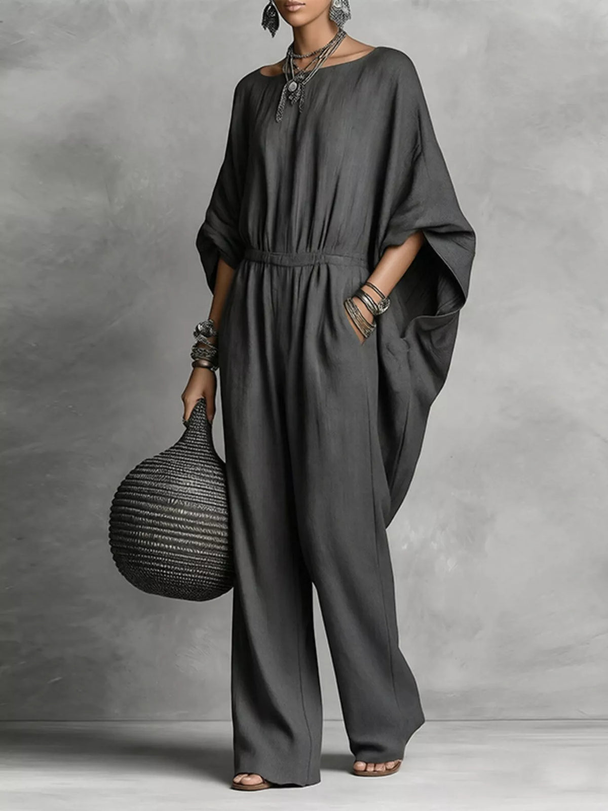 Boat Neck Batwing Sleeve Wide-Leg Jumpsuit