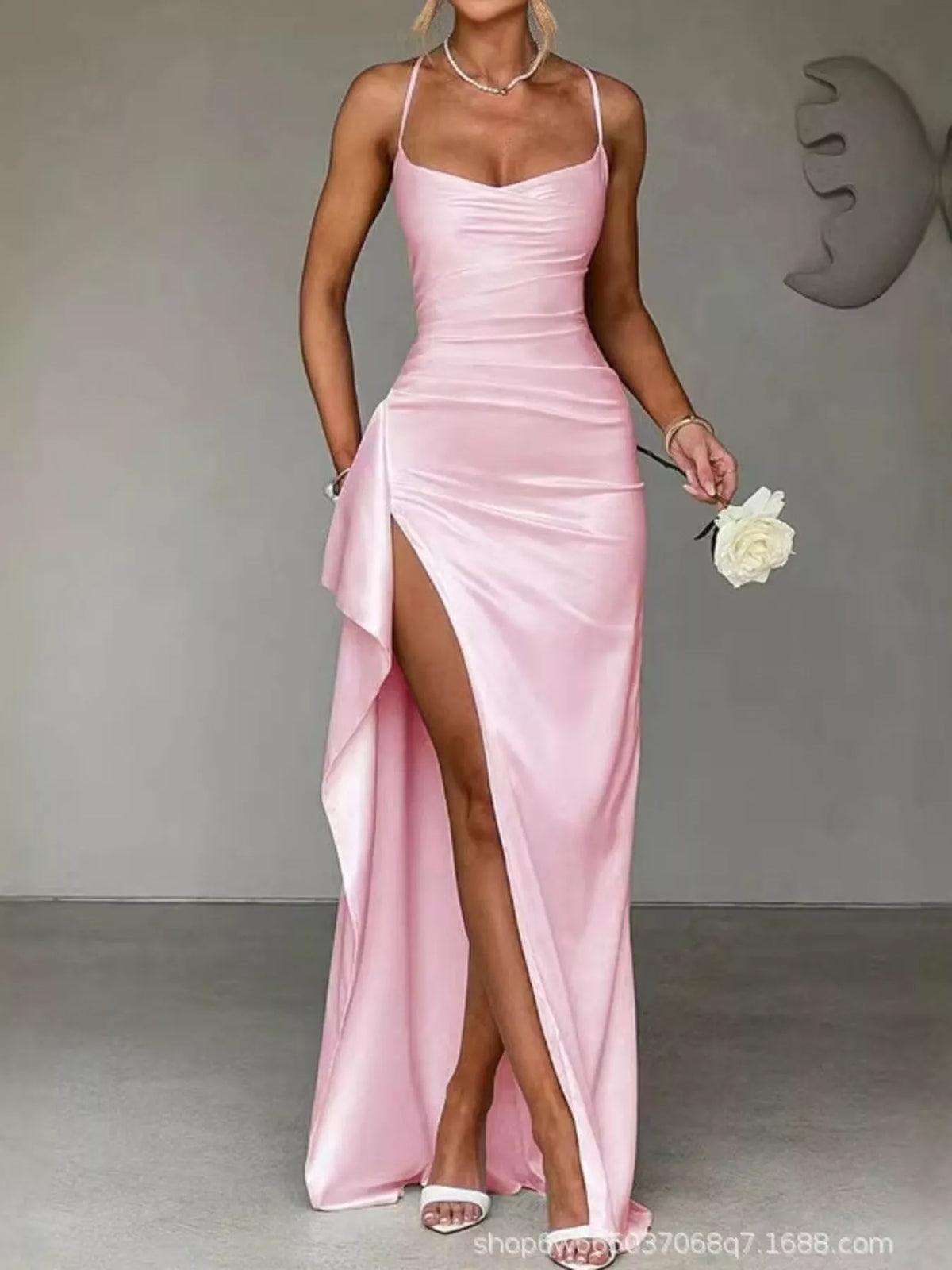 Satin Ruched High-Slit Maxi Dress