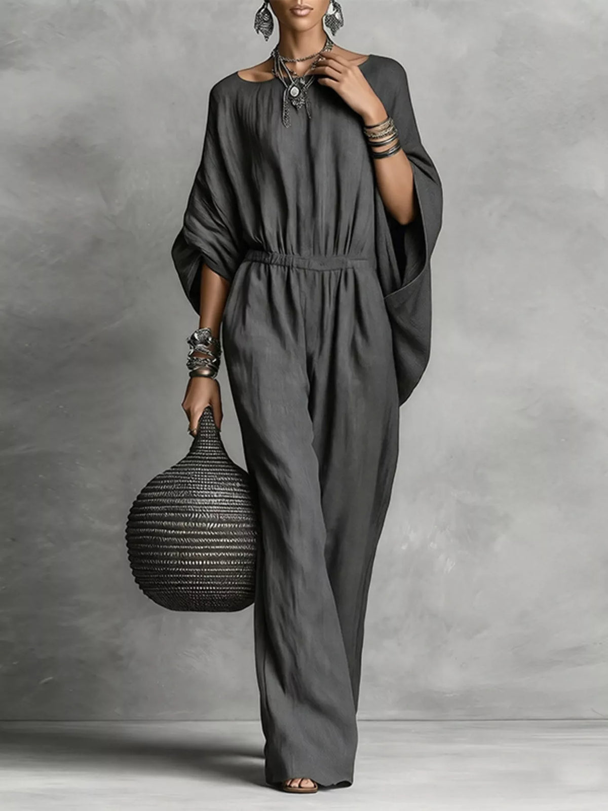 Boat Neck Batwing Sleeve Wide-Leg Jumpsuit