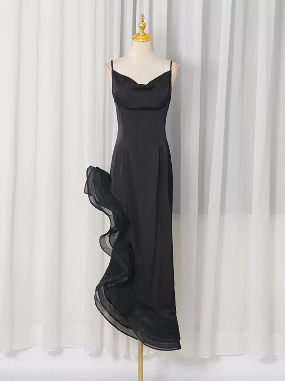 Spaghetti Strap Ruffle Slit Maxi Dress in Black