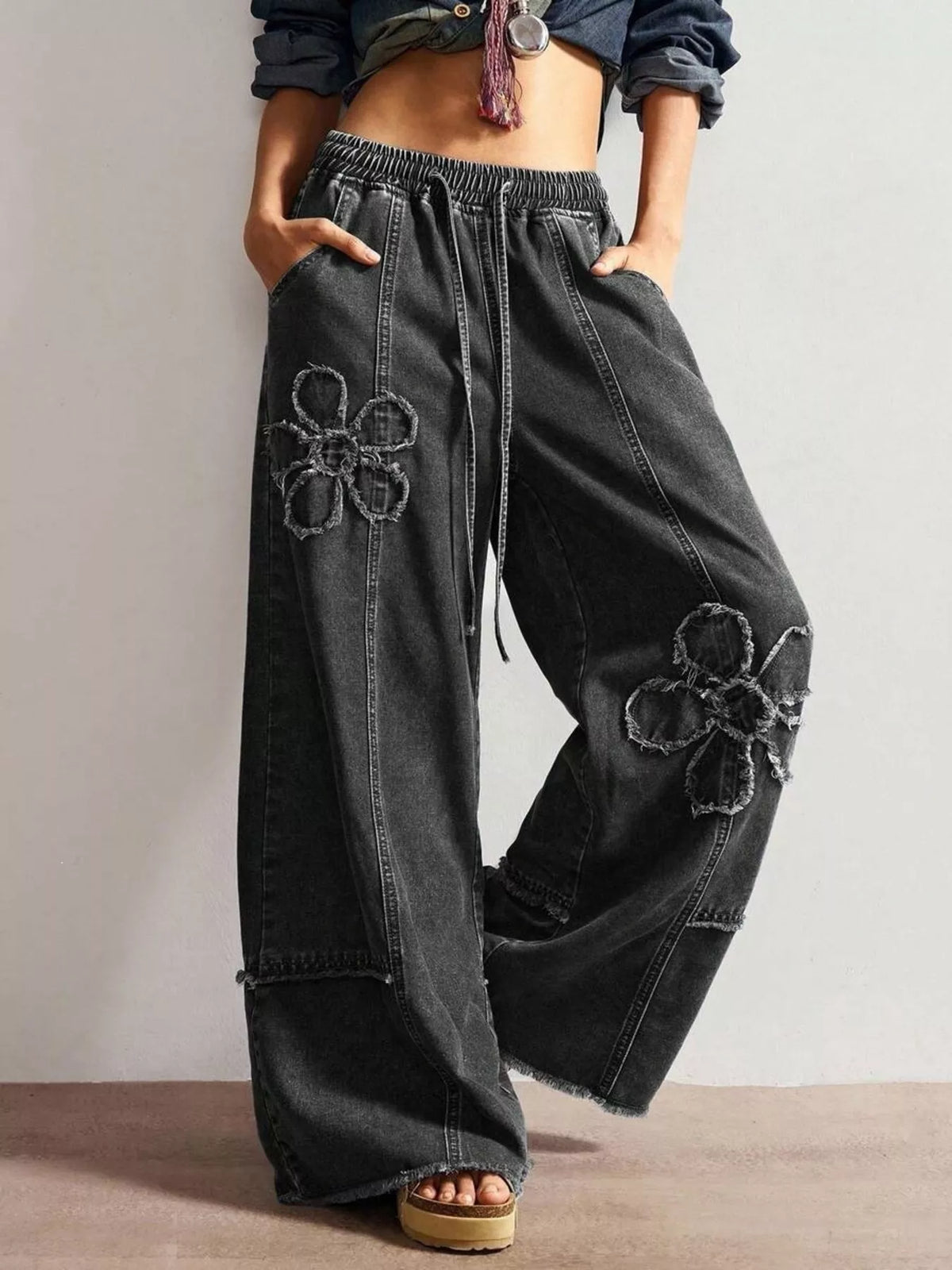 Flower Applique Wide Leg Jeans