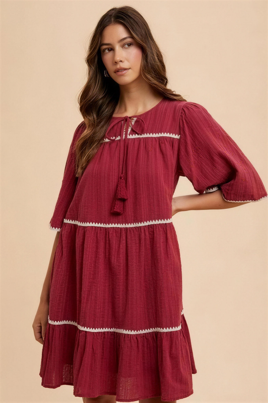 Annie Wear Tiered Tie-Neck Dress in Burgundy