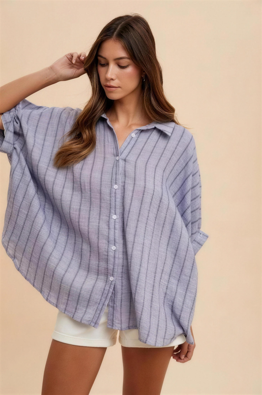 Annie Wear Striped Button-Up Half Sleeve Shirt in Dusty Blue