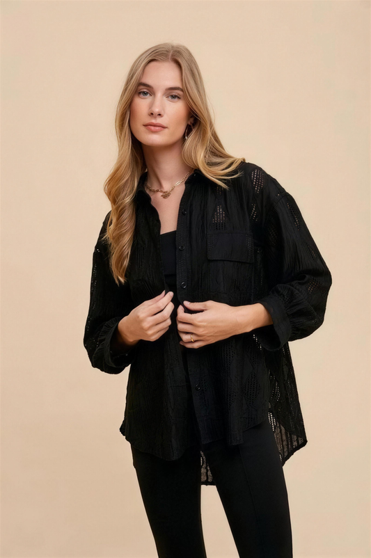 Annie Wear Openwork Button-Down Shirt in Black