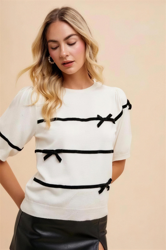 Annie Wear Striped Bow Knit Top in White