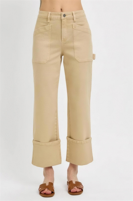 Risen High Rise Wide Straight Cuffed Jeans in Tan