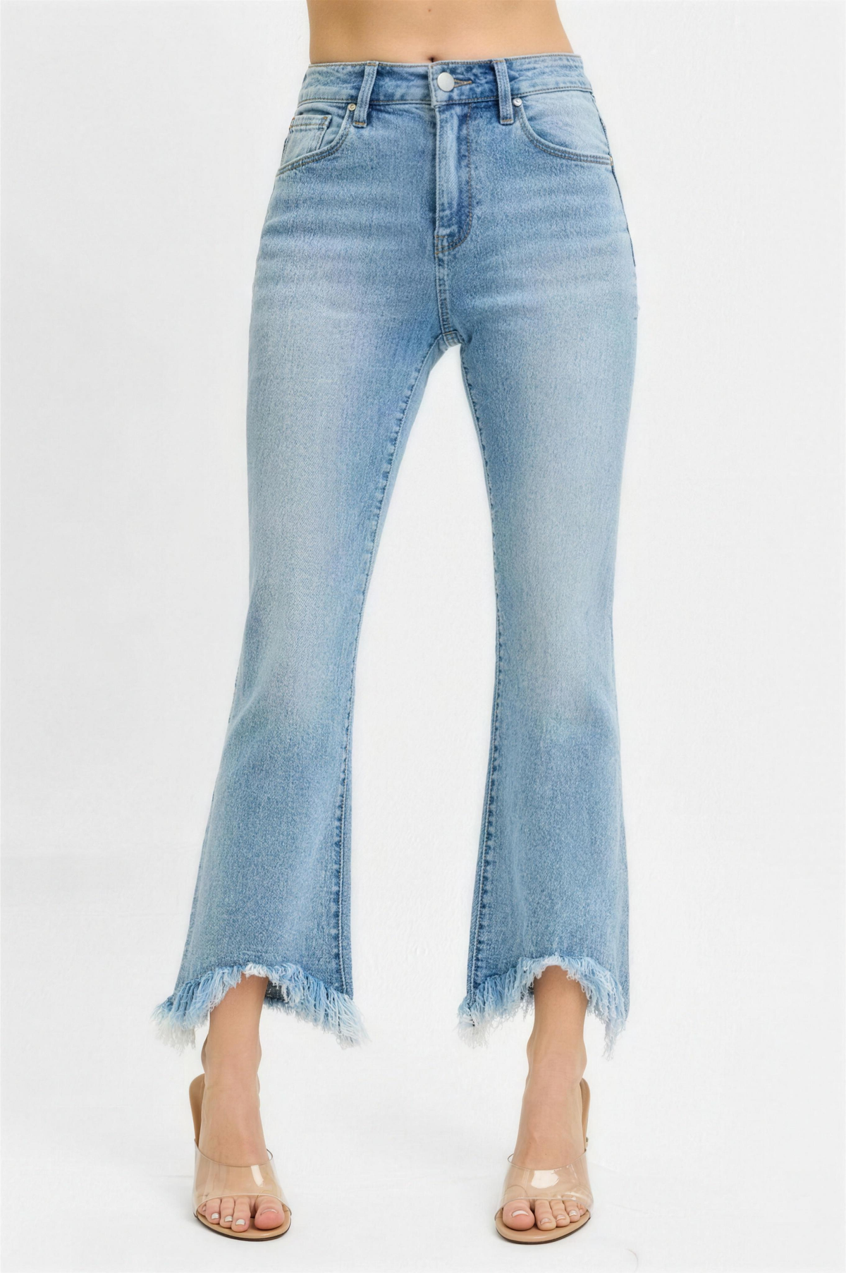 Risen High-Rise Crop Bootcut Fray Hem Jeans in Light Wash