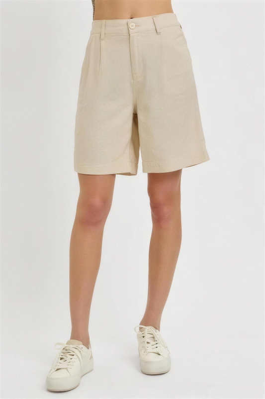 RISEN High Rise Pleated Front Shorts in Taupe