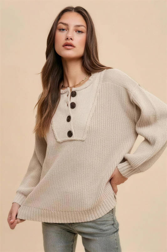 Annie Wear Half Button Ribbed Hem Sweater in Oatmeal