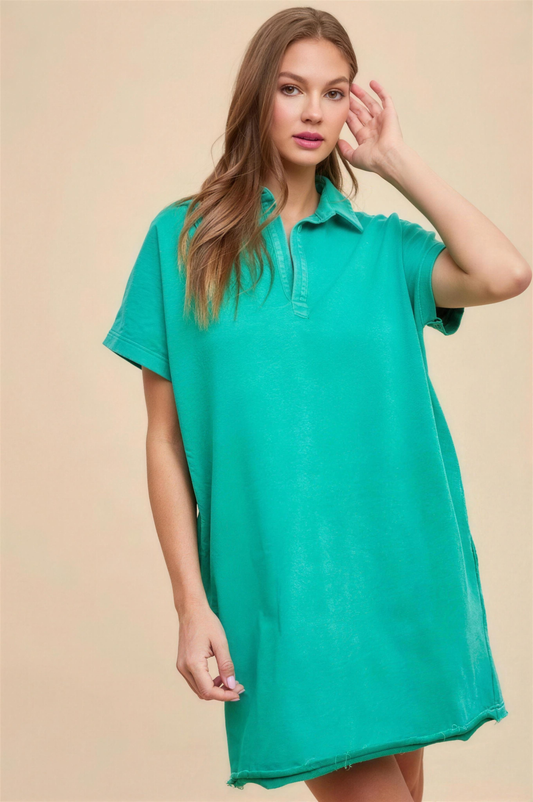 Annie Wear Mineral Washed Johnny Collar Dress in Turquoise